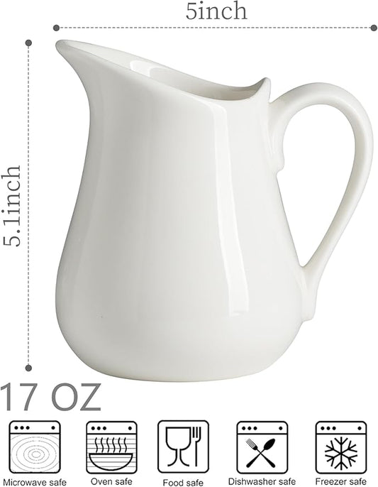 LYEOBOH 17 OZ Creamer Pitcher - Ceramics Creamer with Handle, Coffee Milk Pourer for Home Kitchen Microwave Dishwasher Freezer Safe, White