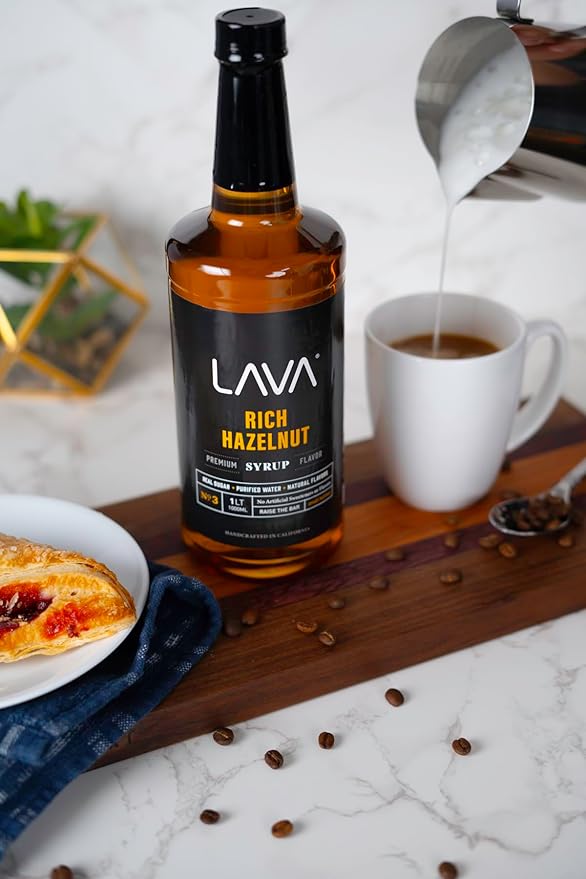 LAVA Premium Hazelnut Syrup, Natural Hazelnut Coffee Sweetener, 33.8oz (1-Liter), Made with 100% Sugar, No Artificial Sweeteners, Flavors, or Colors. (1-Pack)