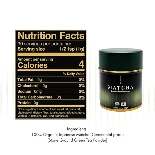 Nippon Matcha – Organic Premium Ceremonial Grade Japanese Matcha Green Tea Powder – First Harvest from Uji, Kyoto – USDA Certified, Stone-Ground, Smooth & Vibrant (30g/1.06oz)