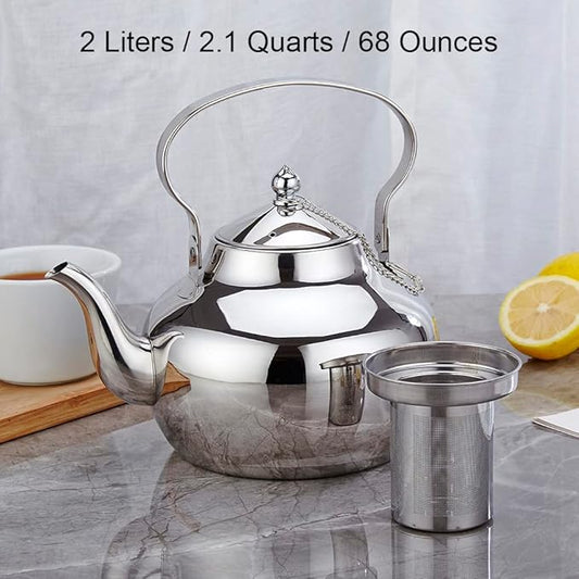 68oz Stainless Steel Teapot with Removable Filter, Portable Coffee Pot for Loose Leaf Tea Bags, Metal Gooseneck Kettle, 2 Liter Hot Water Kettle Boiling Pot, Silver