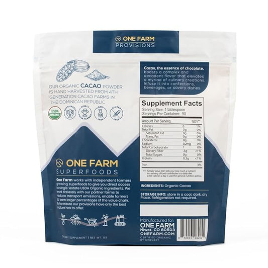 One Farm by WAAYB Organic Cacao, Single Estate, Non-GMO, Fair-Trade, Vegan, Gluten Free, 100% Raw Rizek Cacao in Resealable Bag for Cooking, Smoothies, Lattes & Baking (1 lb, Powder)