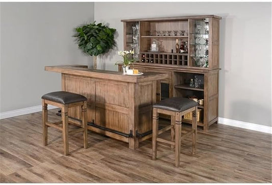 Pemberly Row 80" Farmhouse Wood Home Bar Unit, Stemware Rack, Wine Storage, Freestanding, in Taupe Brown