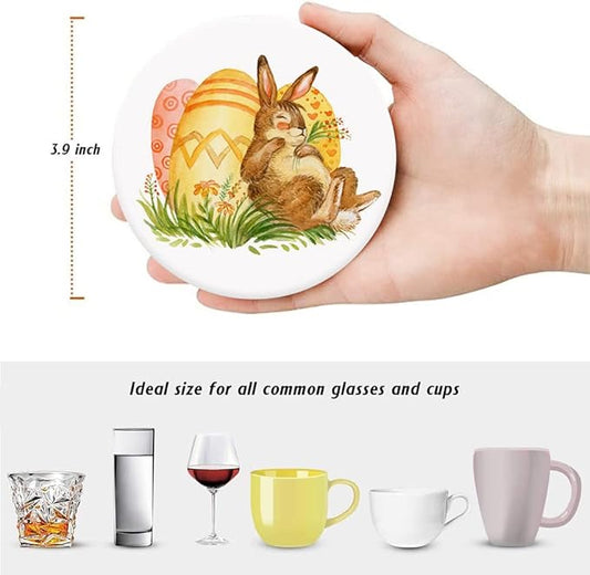 LOKMU Coasters for Drinks,Round Absorbent Ceramic Stone Coaster Sets of 6 with Metal Holder Stand,Watercolor Bunny Happy Easter Coasters with Cork Base for Coffee Wooden Table,Housewarming Gifts