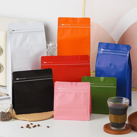 50 Pcs 0.5lb pink Sqaure Coffee Bean Bags with Valve, Easy Tear Open & Repeating Sealed Zipper, Heat-Seal Stand Up & Flat Bottom Coffee Bag, 8oz Capacity 7.6.1x6.5 Inch