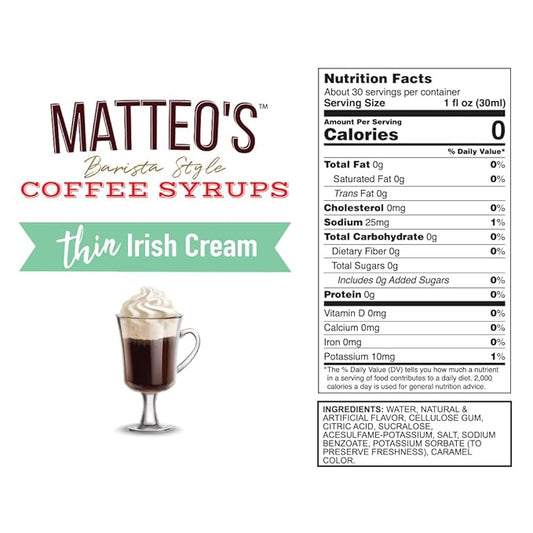 Matteo's Irish Cream Syrup for Coffee, Lattes, Cappuccinos & Desserts – Sugar-Free Sweetener for Beverages, Keto Friendly, Zero Calories, Indulgent Flavor, Non-Alcoholic, 33.8oz (6pk)