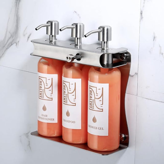 Brushed Silver Shampoo, Conditioner, Body Wash Dispenser Eco-Friendly 3 Compartment Refillable Shampoo and Conditioner Pump Bottle, Wall Mounted Slot Shower Soap Dispenser (KCLS-3)
