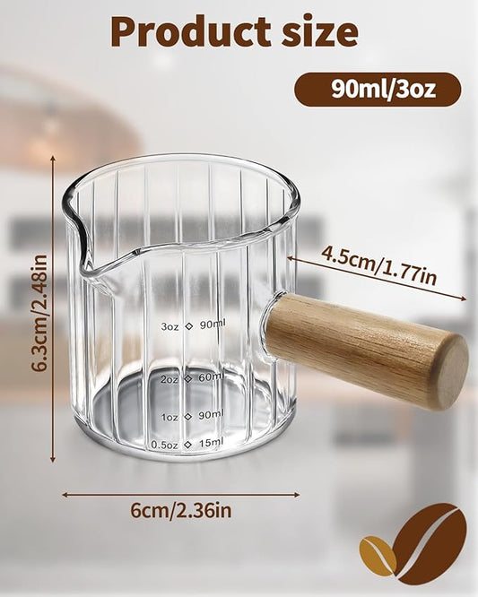 Espresso Measuring Cup 3 Oz, Espresso Glass Cups with Wood Handle, Milk Frothing Cup, Espresso Cup for Coffee, Milk, Tea or Maple Syrup Serving