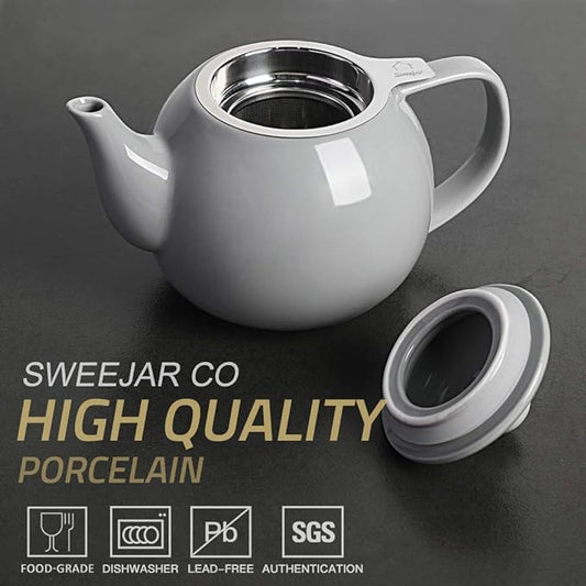 Sweejar Porcelain Teapot with Removable Stainless Steel Infuser,Microwave & Dishwasher Safe Tea Pots for Loose Tea,Tea Infuser Pots for Chrismas Women Gift (30oz Gray)