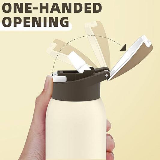 koodee 24oz Free-sip Insulated Stainless Steel Owal Water Bottles with Soft Straw,Quick Flip GO Bounce cup Thermo-flask,Pop & Fill Double-Wall Vacuum Bottle,for Sports & Travel,BPA-Free (Cream Cocoa)