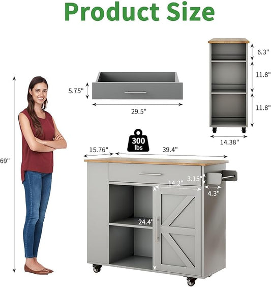 4 EVER WINNER Kitchen Island cart on Wheels with Storage, Kitchen Island with Spice Rack & Towel Rack, Rolling Kitchen Island with Open Shelves, Portable Island with Drawer, Grey