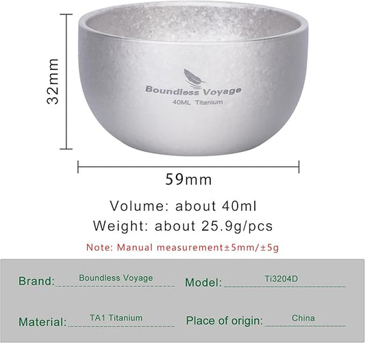 iBasingo Titanium Double Wall Mini Cups Small 40ml Tea Cups for Drinking, Whiskey, Espresso, Coating-Free, Dishwasher Safe Ti3204D (Silver * 2)