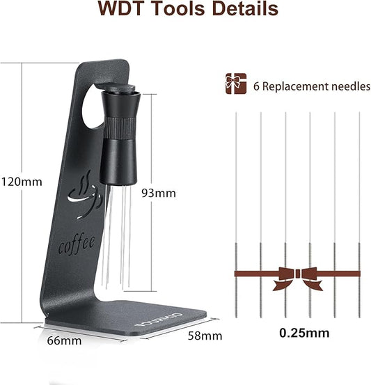 WDT Tool - Coffee Distribution Tool with Magnetic Stand, Adjustable Range Espresso Stirrer, 304 Stainless Steel 6 Needles 0.4mm and 6 Extra Needles 0.25mm
