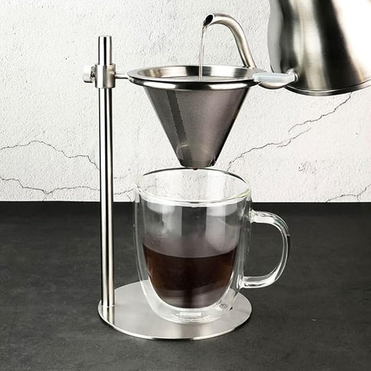 Adjustable Stainless Steel Pour Over Coffee Maker Station Stand With Reusable Double Filter Freestanding Drip Cone Brewer Directly Into Mug Cup Adjustable Stainless Steel Coffee Brewer