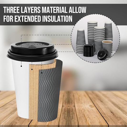 BYSNOW 16 oz Coffee Cups with Lid, 500 Pack Disposable Coffee Cups Insulated Ripple Paper Cups for Water, Juice, Coffee (Gray 16 oz)