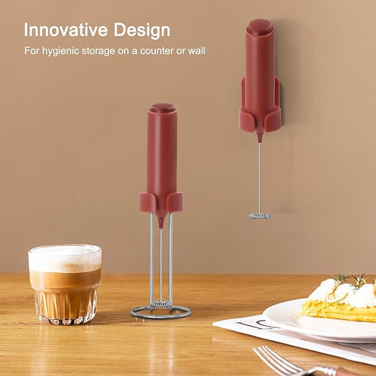 Rechargeable Coffee Frother by ELMWAY, Electric Milk Frother with Charging Stand & Wall Mount, Handheld Drink Mixer, Foam Maker for Coffee, Matcha - Red