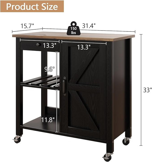 4 EVER WINNER Rolling Kitchen Island Cart with Storage, Bar Cart with Wine Rack and Adjustable Shelves, Small Kitchen Island on Wheels for Kitchen,Black