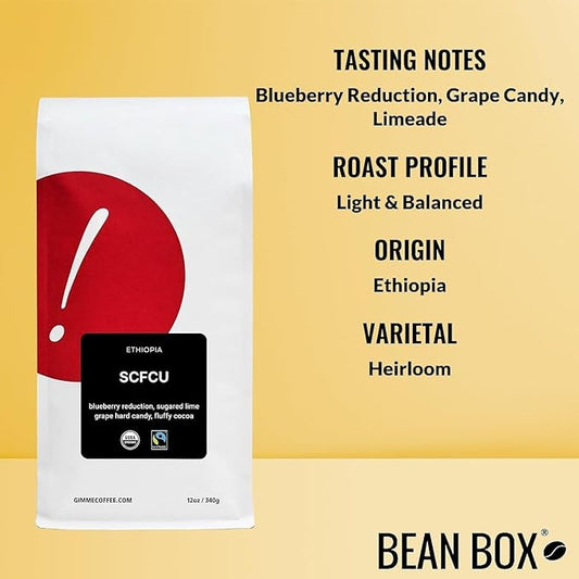 Ethiopia SCFCU - Certified Fairtrade, Organic - Roasted by Gimme! Coffee - Whole Bean Coffee - 12 Ounce Bag