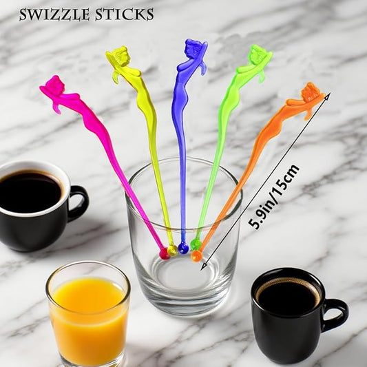 50 Pcs 5.9" Extra-Long Plastic Cocktail Swizzle Sticks, Unique Tropical Design Drink Stirrers Reusable Novelty Swizzle Sticks for Cocktails, Juices, and Party Beverages