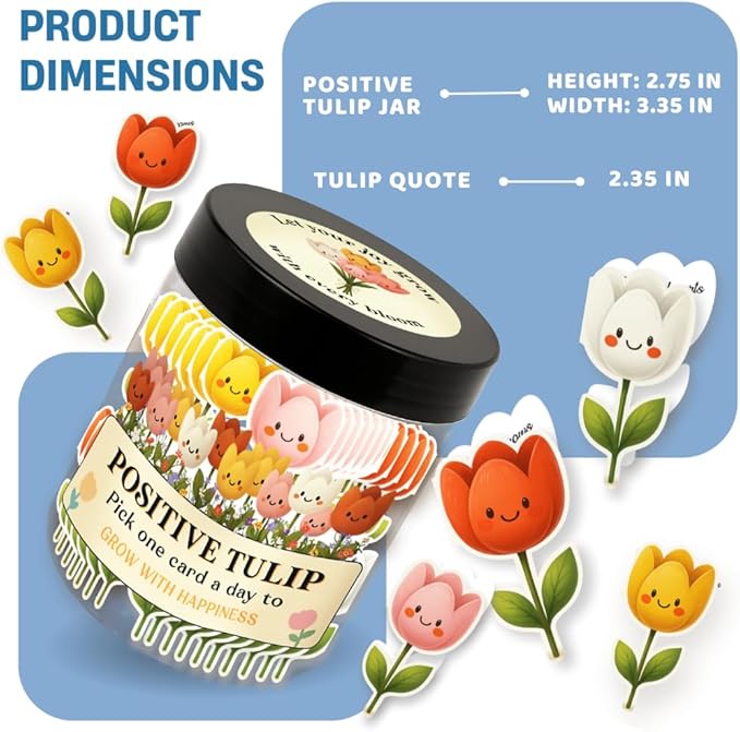 Positive Tulip Jar with 60 Affirmation Cards, Inspirational Gifts and Teacher Desk Decor, Tulips Flowers Themed Gift for Women, Stress Relief and Daily Positivity, Staff Appreciation Gifts
