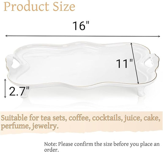 16" Ceramic Serving Tray with Handles, Vintage Large Serving Platter, Luxury British Style Coffee Table Tray, Decorative Dish with Golden Rim, Rectangular Tea Tray for Perfume for Living Room