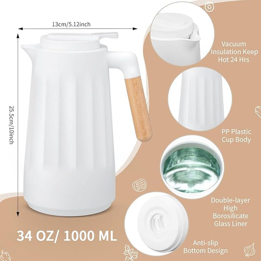 2 Pcs 34 oz Thermal Coffee Carafe for Keeping Hot/Cold Double Wall Vacuum Carafe with Insulated Glass Liner and Wood Handle Coffee Pot Container for Drinks Milk Tea Chocolates(White)