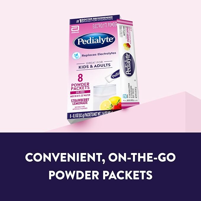 Pedialyte Electrolyte Powder, Hydration Drink for Kids & Adults, Strawberry Lemonade, 8 Powder Packets