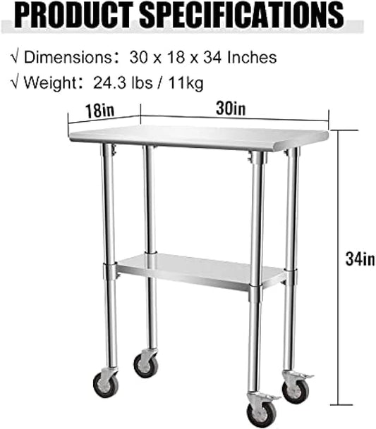Stainless Steel Table - Metal Table Cart - Commercial Workbench with Caster Wheel - NSF Certified - for Restaurant, Warehouse, Home, Kitchen, Garage,30''x18''