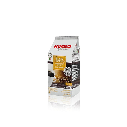 Kimbo Buon Giorno Breakfast Blend 100% Arabica Ground Coffee | Blended & Roasted in Italy | Medium Roast with Flower & Almond Flavor | 12 oz bag