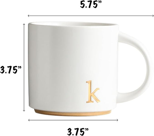 COLLECTIVE HOME - Monogram Ceramic Mugs, 15 oz Golden Initial Coffee Cups, Elegant Alphabet Tea Mugs, Elegant Personalized Mug with Gift Box, Luxurious Cups for Office and Home (k)