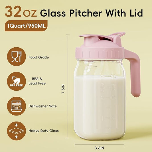 Breast Milk Pitcher - 32 oz Glass Mason Jar with Dual Leak-Proof Design, Airtight Seal, Pour Spout & Handle, Storage Container for Breastmilk, Iced Tea & Ice Drinks(Pink)