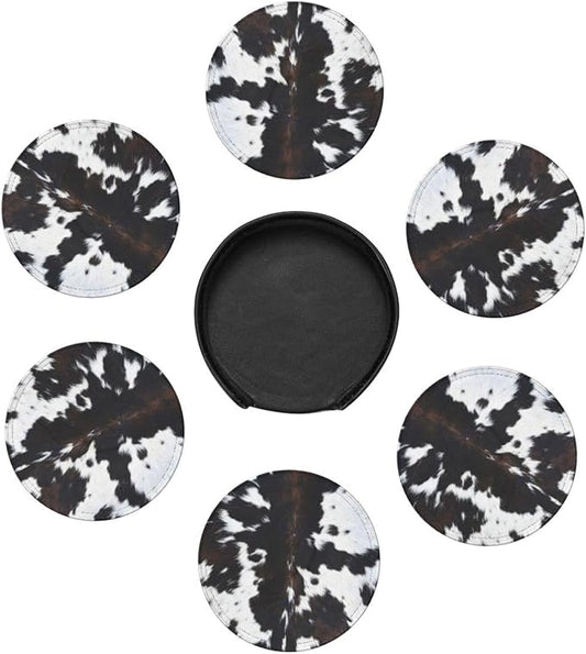 Cow Print Coasters for Drinks with Holder Round Leather Coasters Set of 6 Cups Mugs Mat Pad for Home Kitchen Bar