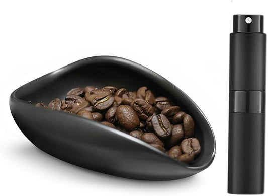 Coffee Bean Dosing Cup and Spray Bottle Set, Ceramic Single Dosing Tray for Coffee&Tea, Dosing Vessel Espresso Accessories for Coffee Bar, Black