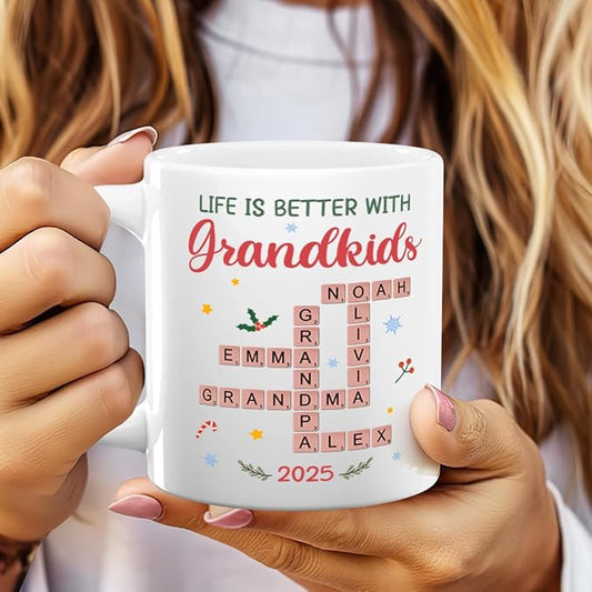 Joymade Personalized Ceramic Coffee Mug, Funny Custom Mug for Bestie, Friends, Couple, Coworker, Snowman Lovers (Life Is Better With Grandkids)