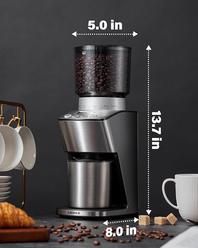Conical Burr Coffee Grinder Electric, Espresso Grinder for Home Use, Burr Mill with 51 Grind Settings, Precision Electronic Timer, Stainless Steel Container