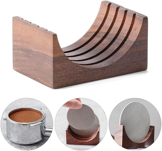 51/53/58mm Reusable Coffee Filter With Walnut Wood Holder - Puck Screen Stand Set for Espresso Machine