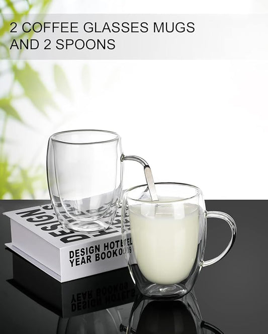 LIBWYS 12oz Double Walled Coffee Cups Glasses Mugs, Espresso Cappuccino Latte Tea Cups with Handle 350ml (2x350ml)