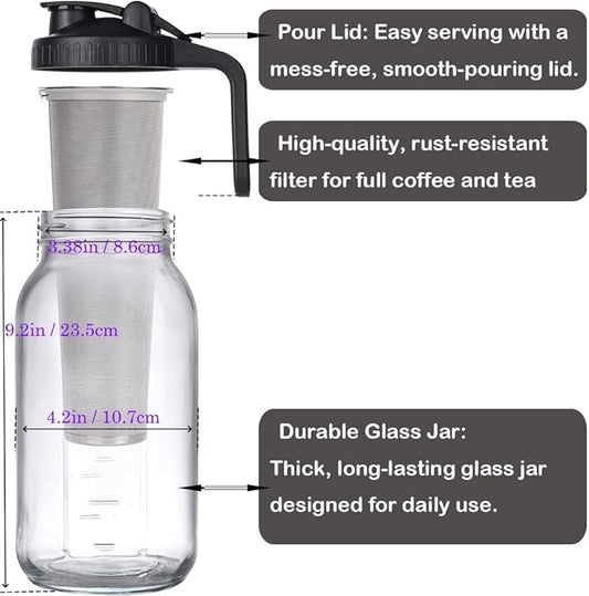 HomeCheer 2 Set 64 oz (2 Quart), Black Cold Brew Coffee Maker, Iced Tea Machines, Thick Glass with Pour Spout Handle Lid, Stainless Steel Filter for Iced Coffee, Fruit Drinks or Sun Tea (2)