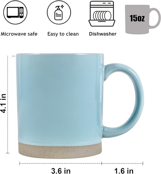 15 OZ Coffee Mugs, Ceramic Coffee Mug Set for 4, Coffee Cups with Big Handle Authentic Clay Bottom Beautiful Glaze, for Latte, Cappuccino, Cocoa, Hot Tea, Mocha, Modern Home Drinkware Set, Turquoise