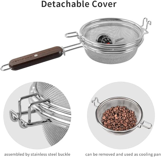 Home Coffee Bean Roaster Tool - CAFEMASY Portable Stainless Steel Handy Coffee Roaster Mesh Pan Tool with Thermometer for Home & Outdoor Coffee Beans Baking