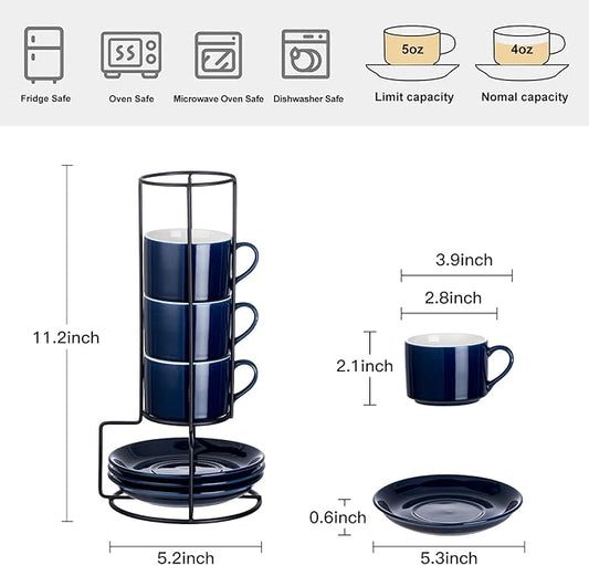 Meichu 4oz Porcelain Stackable Espresso Cups with Saucers and Metal Stand Set of 4, Stackable Espresso Cups Set of 4, Blue Expresso Shots Cup Set for Coffee Drinks, Cappuccino Latte, Americano, Tea