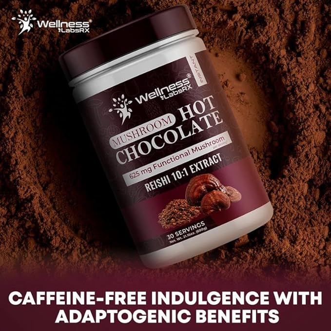 Mushroom Hot Chocolate Powder with Reishi 10:1 Extract, Hot Cocoa Powder Caffeine-Free Mushroom Coffee Alternative - Adaptogenic Superfood Drink for Focus, Relaxation, and Mood Support - 30 Servings