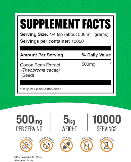 BulkSupplements.com Cocoa Bean Extract Powder - Cocoa Supplement - Unsweetened, Vegan & Gluten Free, 500mg per Serving, 1kg (2.2) (Pack of 5)