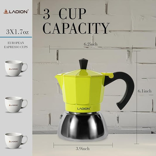 LAOION 3-Cup Moka Pot | Stovetop Espresso Maker | Induction Compatible | Stainless Steel & Aluminum | Green