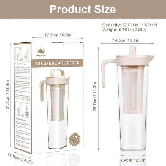 Cold Brew Tea Pitcher, Cold Brew Coffee Maker – 37 Fl Oz BPA-Free PP Pitcher with Durable Mesh Filter, Leak-Proof Cap, Comfortable Handle – Perfect for Fridge Side Door Storage & Ice Drinks