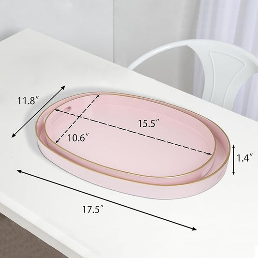 MAONAME Pink Serving Trays with Handles, Oval Decorative Trays for Coffee Table, Nesting Tray Set of 2, Plastic Vanity Tray for Ottoman, Living Room