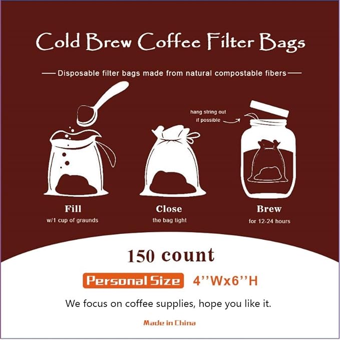 No Mess Cold Brew Coffee Filters - 150 Count Single Use Filter Bags Disposable Fine Mesh Brewing Bags for Concentrate, Iced Coffee Maker, French/Cold Press Kit, Hot Tea in Mason Jar or Pitcher 4"x 6"