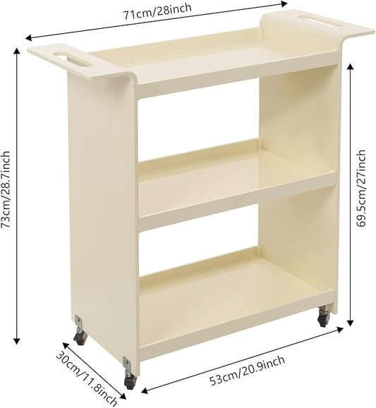 Rolling Serving Cart 3-Tier Small Bar Cart with Lockable Casters Storage Rolling Trolley 66lbs Capacity Mobile Kitchen Trolley for Home, Kitchen, Cafe (28 * 11.8 * 28.7in, Milky White)
