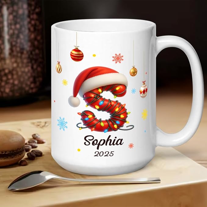 Joymade Personalized Ceramic Coffee Mug, Funny Custom Mug for Bestie, Friends, Couple, Coworker, Snowman Lovers (Christmas Initial Name Letter For Family And Friends)