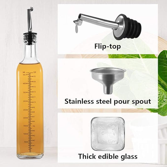 WERTIOO 17 OZ Olive Oil Dispenser Bottle, 4 Pack Glass Oil and Vinegar Dispenser Set Container with 6 pcs Stainless Steel Pour Spouts Funnel & Pen and Tag for Kitchen