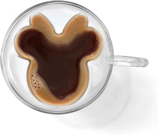 JoyJolt Disney Minnie Mouse 3D Double Wall Espresso Glasses, 5.4oz Small Glass Mugs with Handles, Coffee Cups Set of 2, Insulated Clear Glasses for Double Shot Espresso Cappuccino Tea, Disney Gifts